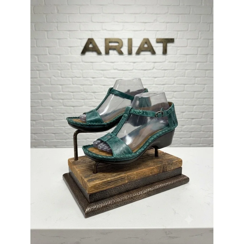 Ariat Teal Green Leather T-Strap Caged Wedge Sandals Womens 8.5 B Distressed